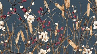 深蓝背景下的花卉与草景