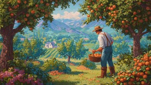 田园果农丰收采摘景象