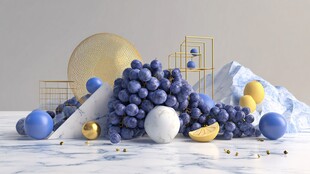 蓝紫色葡萄与几何元素静物