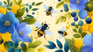 蜜蜂花间舞 蓝黄花卉盛