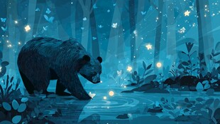 夜林中的黑熊与闪烁萤火