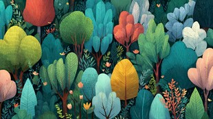 梦幻多彩森林插画场景