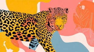 豹行于多彩梦幻背景中