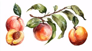 水彩绘鲜桃与枝叶画面