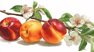 水彩绘桃枝与娇艳果实