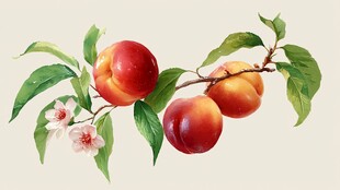 枝头鲜桃绽放绿叶繁花