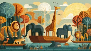 动物乘舟畅游奇幻丛林