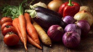 多彩新鲜蔬菜摆于木桌