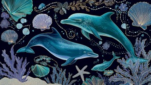 梦幻海底世界的海豚与贝壳