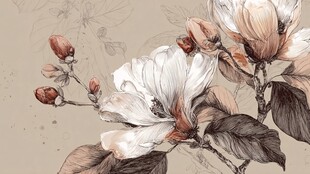 复古风玉兰花枝绘画