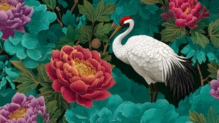 丹顶鹤栖于牡丹花丛中