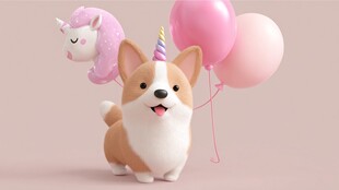 可爱柯基与梦幻气球独角兽