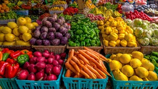 多彩新鲜果蔬摆满摊位