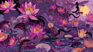 梦幻紫色荷塘夜色插画