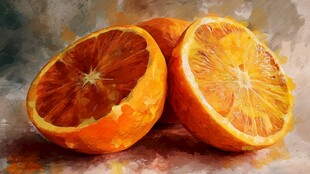 水彩画中切开的新鲜橙子