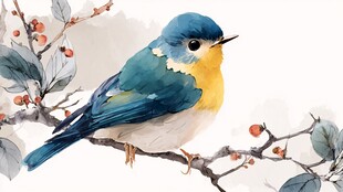 枝头蓝黄小鸟插画