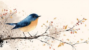 枝头蓝鸟 水墨写意之美