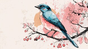 蓝粉小鸟栖于繁花枝头