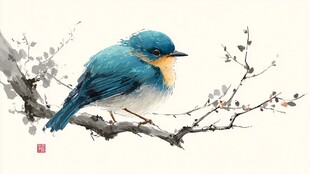 枝头蓝鸟图