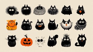 可爱黑猫与南瓜等万圣节元素