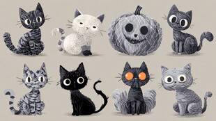 万圣节猫咪与南瓜插画
