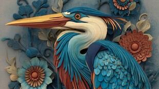 蓝羽鹭鸟与繁花艺术造型