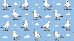 蓝空海鸥云朵无缝图案