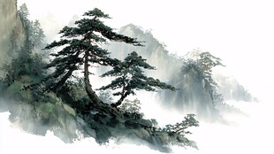 水墨青松映山峦