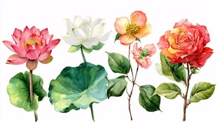 水彩花卉插画 莲与玫瑰