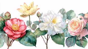 水彩花卉 多彩花朵与绿叶