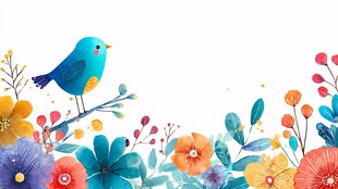 蓝鸟栖于缤纷花卉间