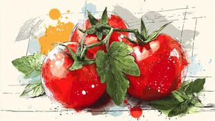 水彩画中的新鲜红番茄