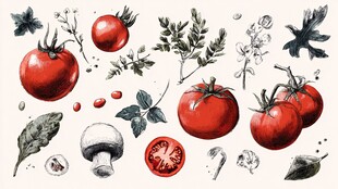 番茄与香料的手绘插画