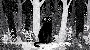 黑猫独坐森林奇幻场景