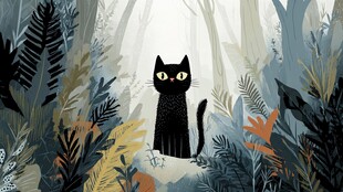 森林中的黑猫插画