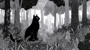 黑猫独坐幽森森林中