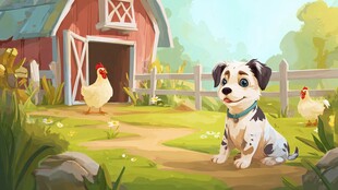 田园中可爱小狗与鸡的场景