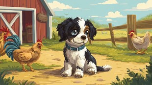 小狗与鸡在农场的温馨画面