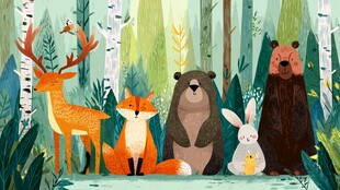 森林中的可爱动物聚会