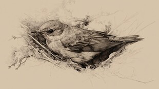 巢中小鸟素描图