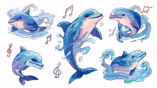 水彩风格灵动海豚插画