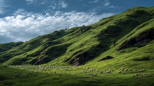 绿野羊群的悠然田园风光