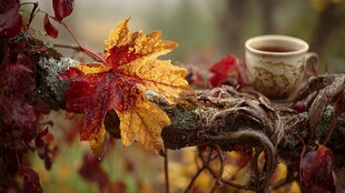 秋枝上的枫叶与温馨茶杯