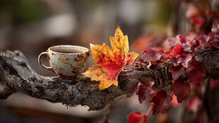 秋日树枝上的茶杯与红叶