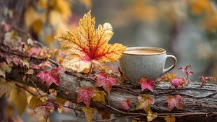 秋日树枝上的咖啡与枫叶