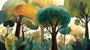 梦幻森林插画 多彩树木景观