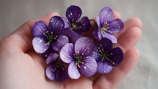 手捧紫花带露显清新