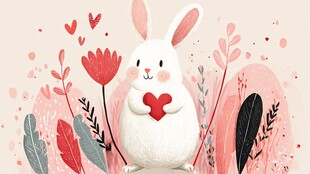 可爱白兔抱心于花丛间