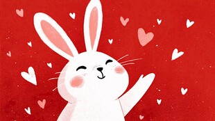 可爱白兔在红心背景中欢笑