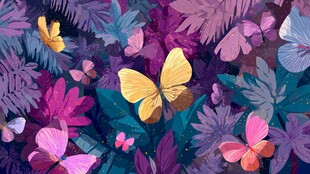 梦幻花卉间的多彩蝴蝶